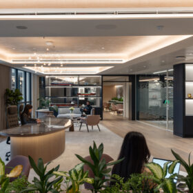 Office space showing Optima's Edge Symmetry Double Glazed Door with Optima 117 Plus Single-glazed Partitions