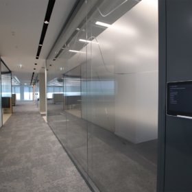 Project: EBRD | Products: Revolution 100 glass partition and Optima 117 Plus curved glass partition with Timber Doors and Tech Panel
