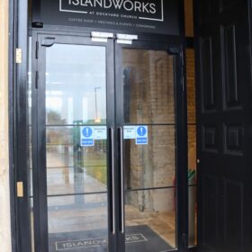 Project: Sheerness Dockyard Church | Products: Technishield 65 EI30 Shoreditch Edition non-fire rated lobby doors with automated openers