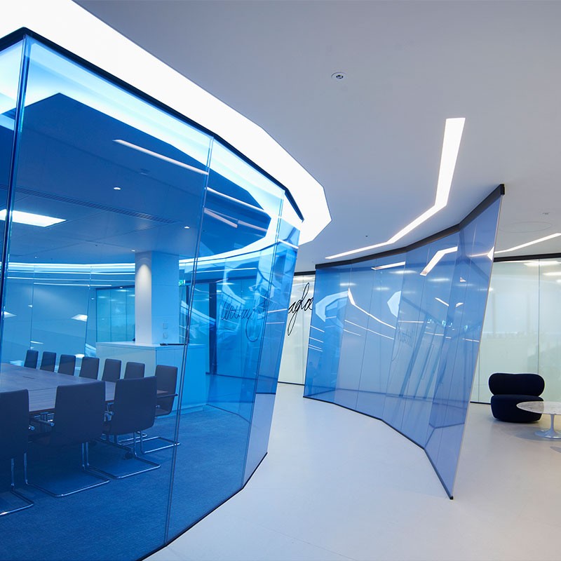 commercial office design with colored glass