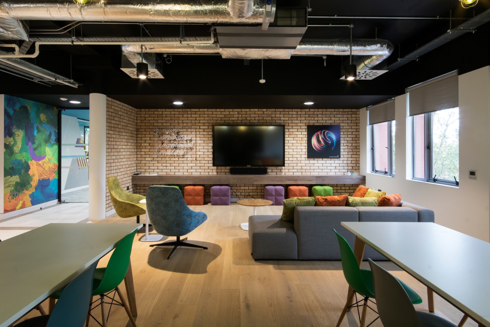 A colorful and cozy office space for recreational activities