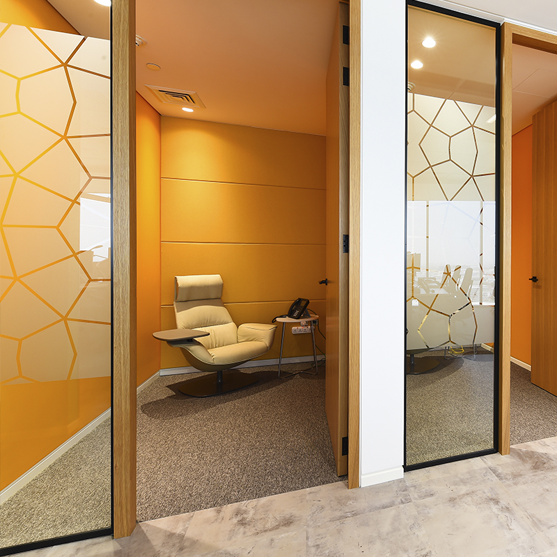 commercial office design with frosted glass windows
