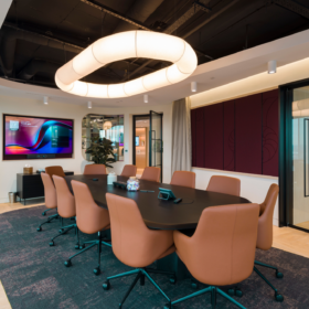 Project: Overbury Manchester | Curved Revolution 100 Double Glazed Partitioning, Edge Symmetry Double Glazed Doors, Elite Aero Pocket Sliding Doors
